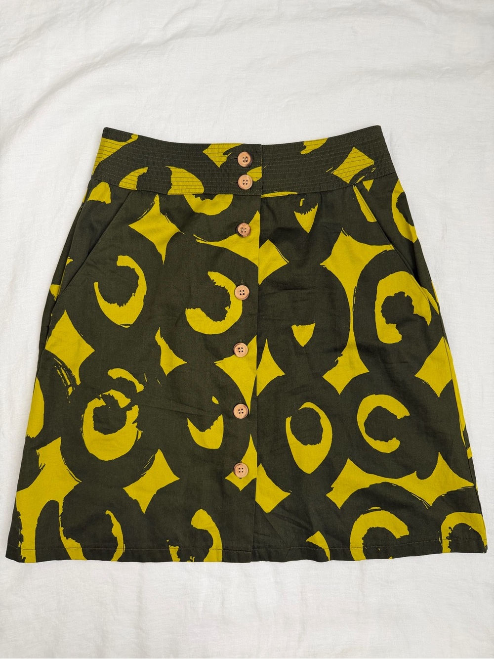 Marimekko Olive and Yellow Graphic Button-Front A-Line Skirt